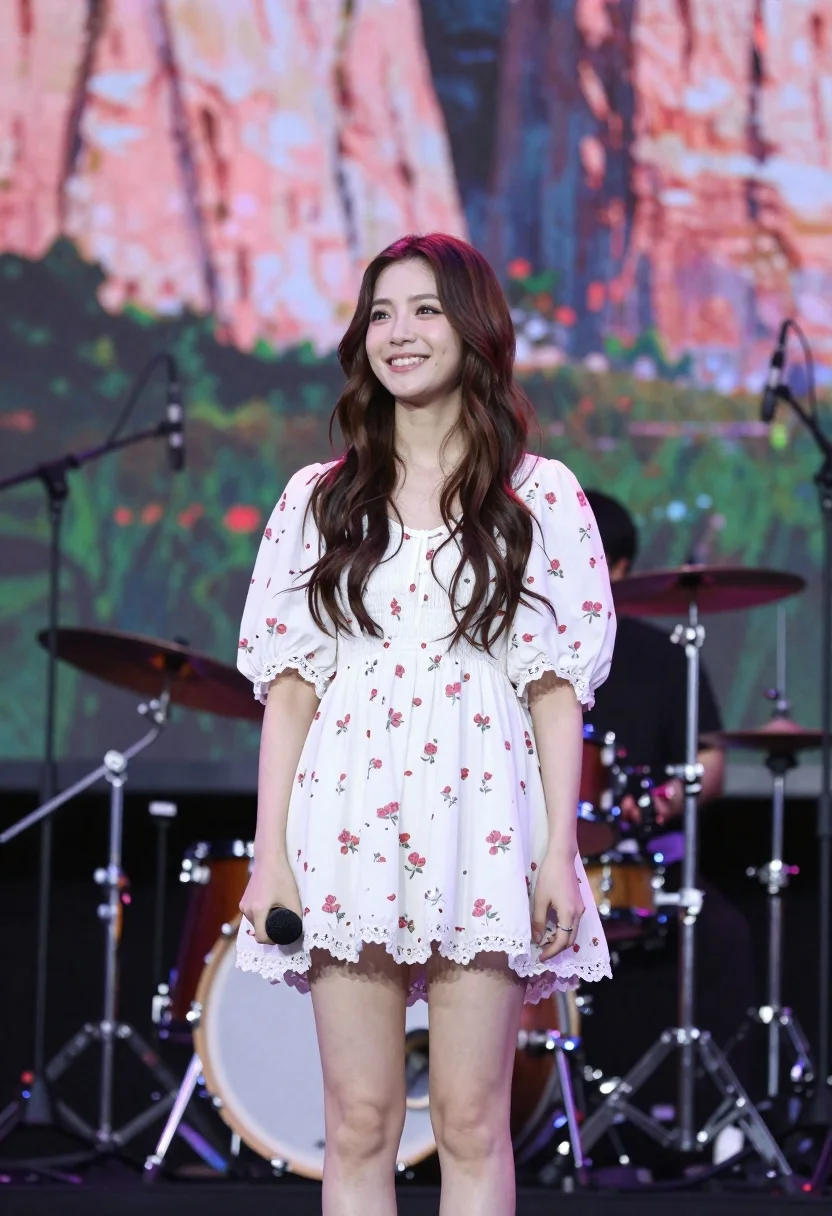 Smiling Woman With Long Wavy Brown Hair Stands Center Stage reference photo