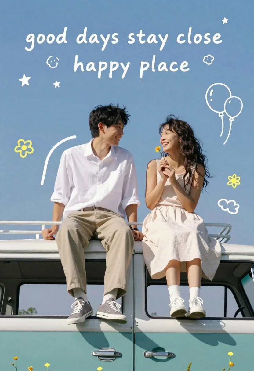 A happy couple sitting on the roof of a teal vintage van under a bright blue sky, featuring whimsical doodles.