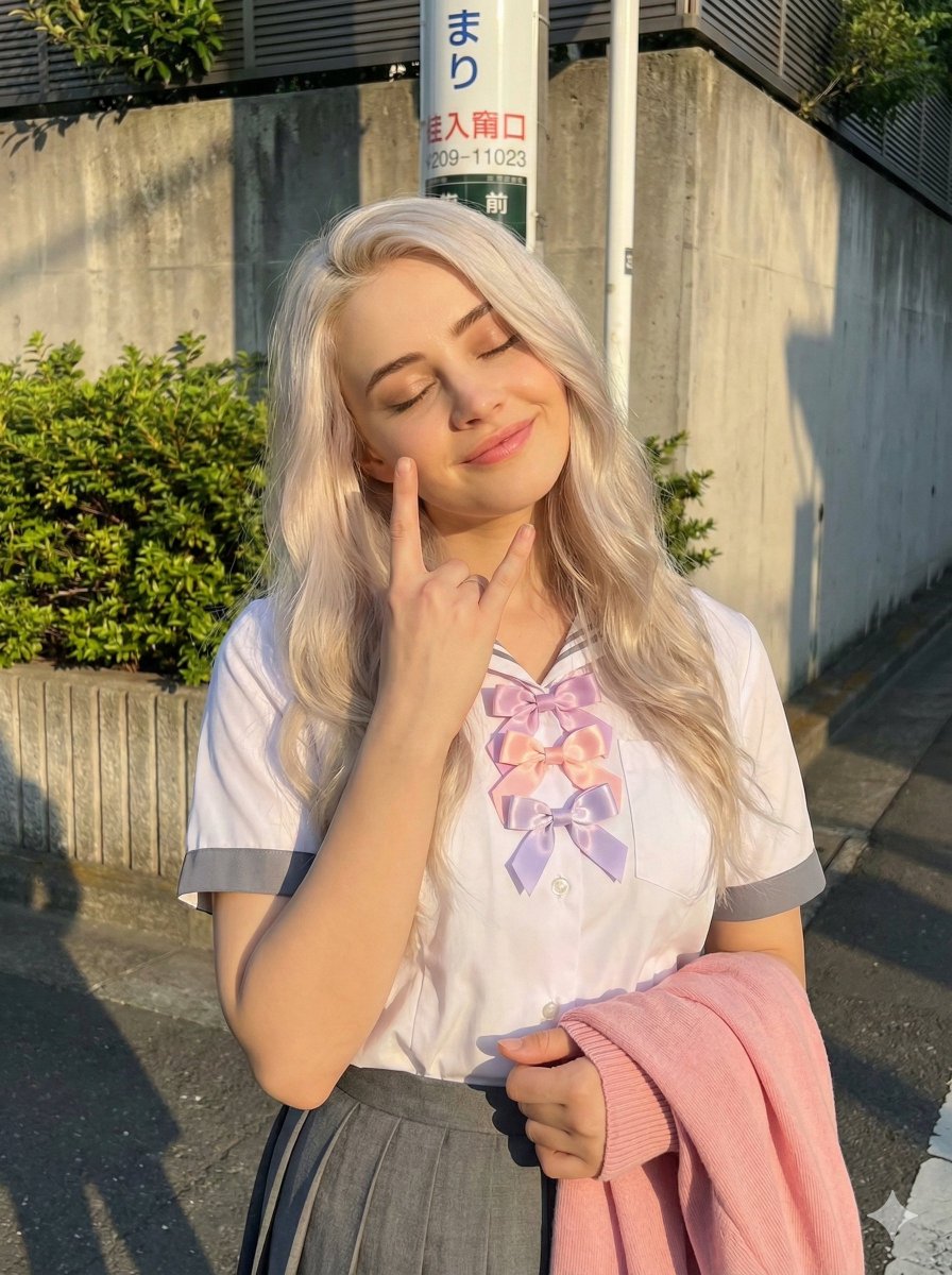 A photorealistic portrait of a young woman with platinum blonde hair, smiling softly while making a rock on gesture outdoors.