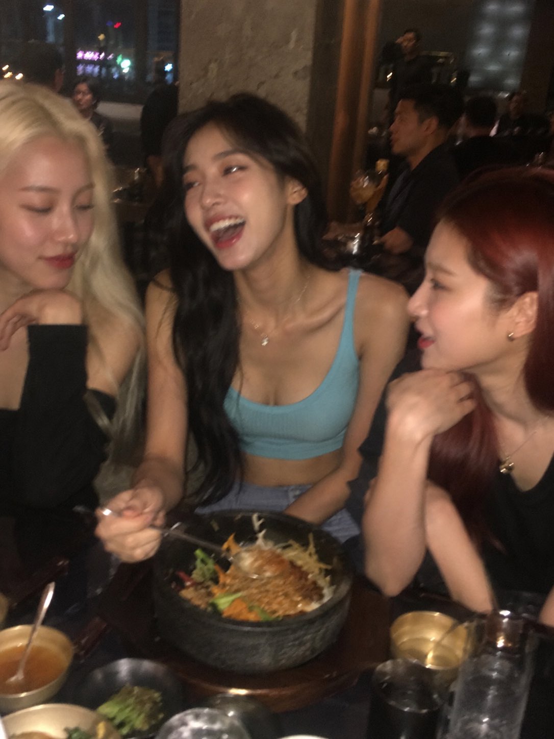 Laughing Woman Blue Crop Top Dim Restaurant Bibimbap