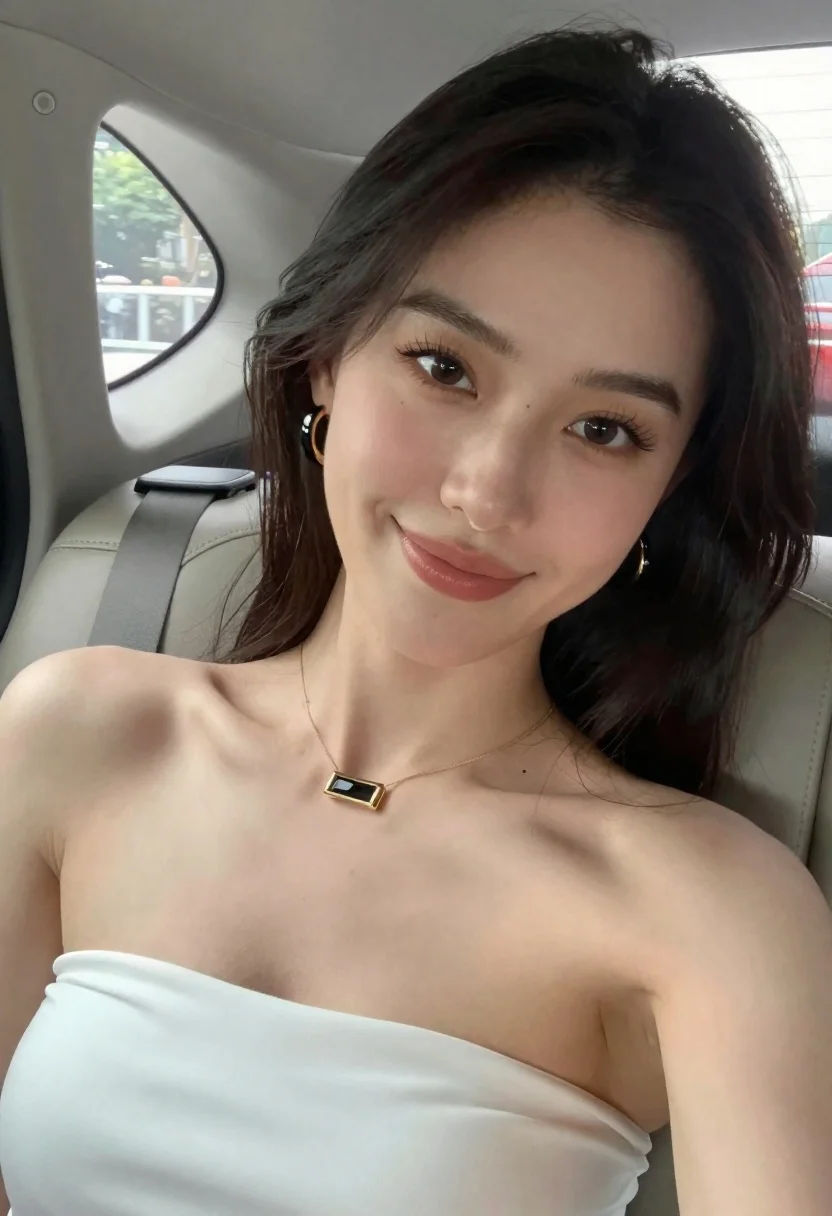 Close-up Selfie Woman With Long Dark Hair And Warm Skin reference photo