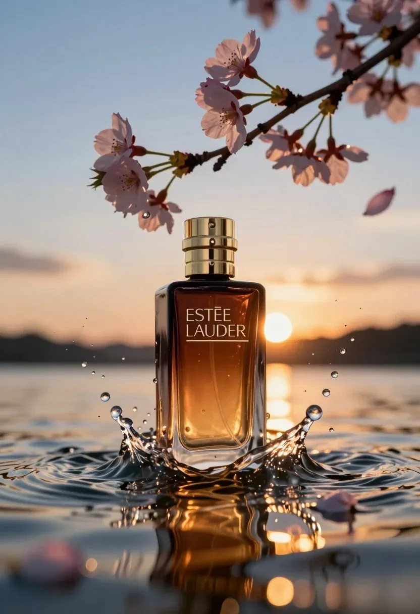 Luxurious Perfume Bottle Stands Partially Submerged Rippling Water Under Dramatic