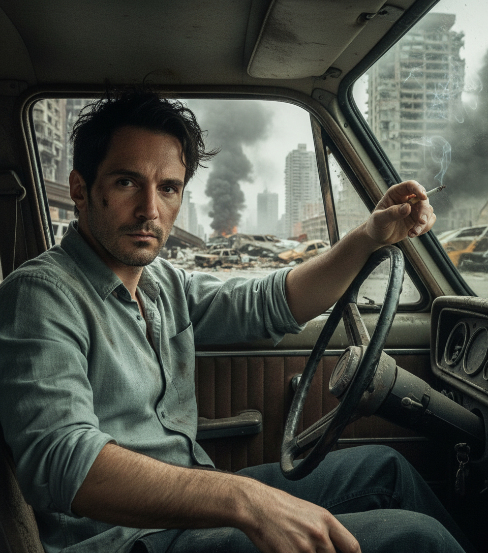 A lone survivor in a dusty vehicle, gripping the wheel with determination amidst a ruined cityscape filled with debris and smoke.