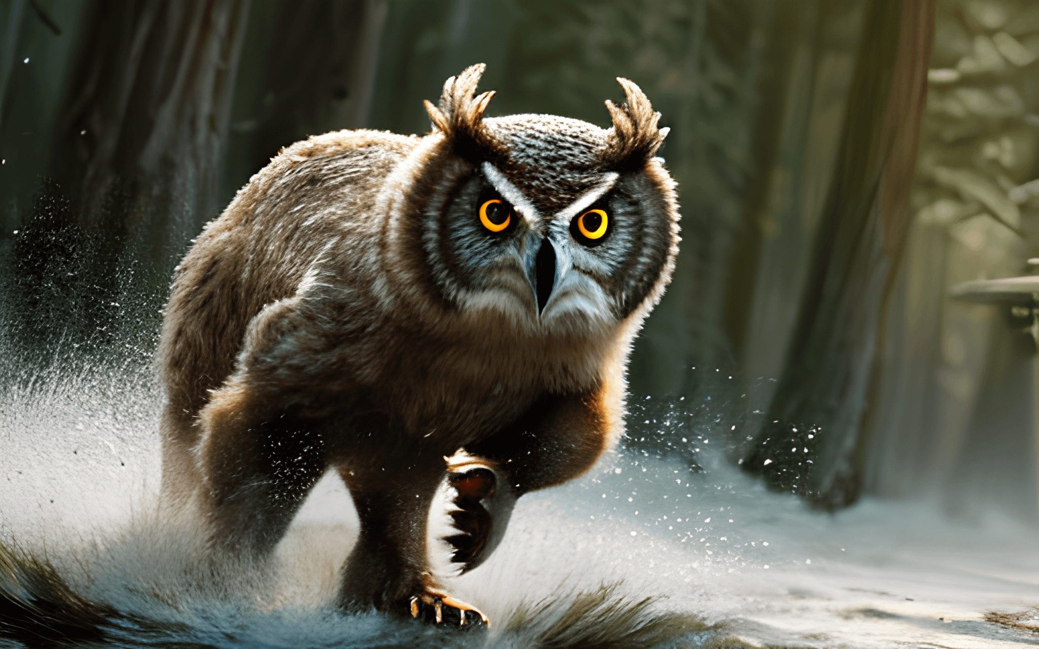 Great Horned Owl Running Snowy Forest Close Up