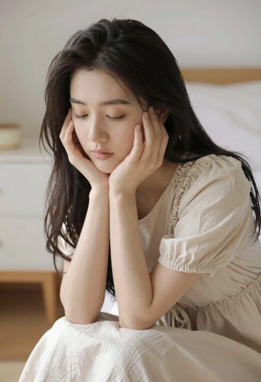 Serene Portrait Young Woman With Long Dark Hair Resting Her reference photo