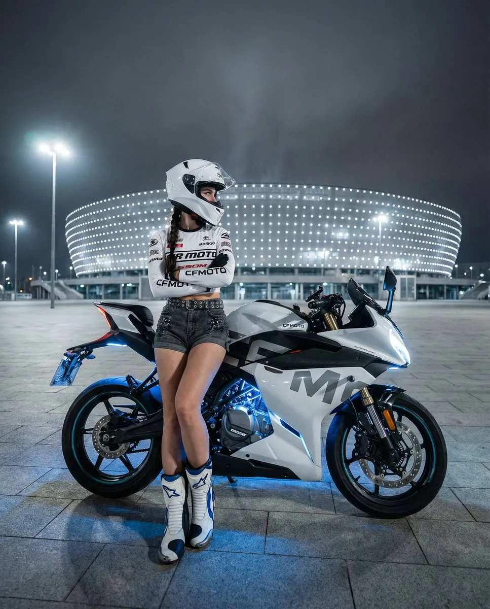 Female Motorcyclist White Racing Outfit Sportbike Blue Accents