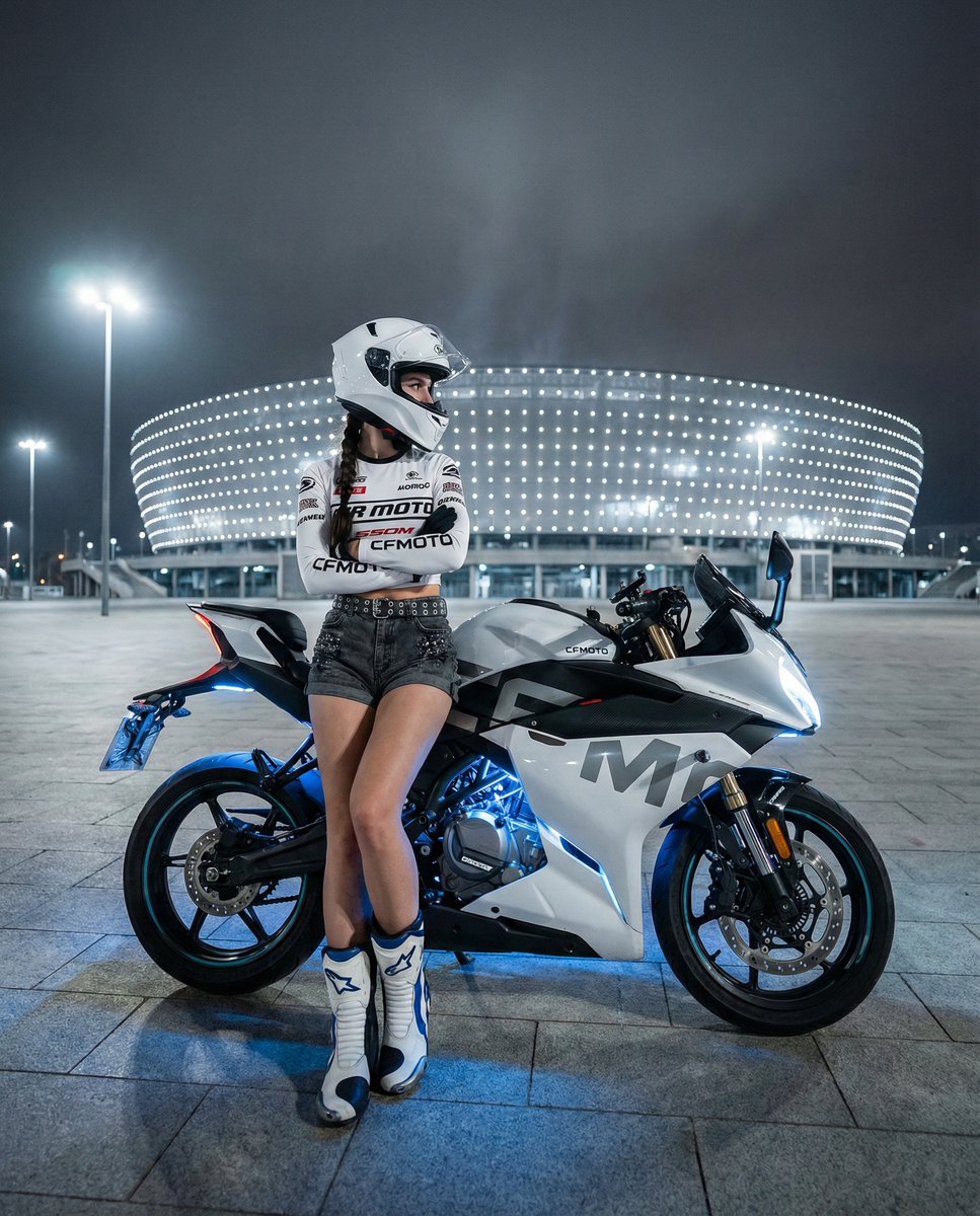 A female motorcyclist in a white racing outfit with a sleek sportbike at night, leaning against the bike in an urban setting.