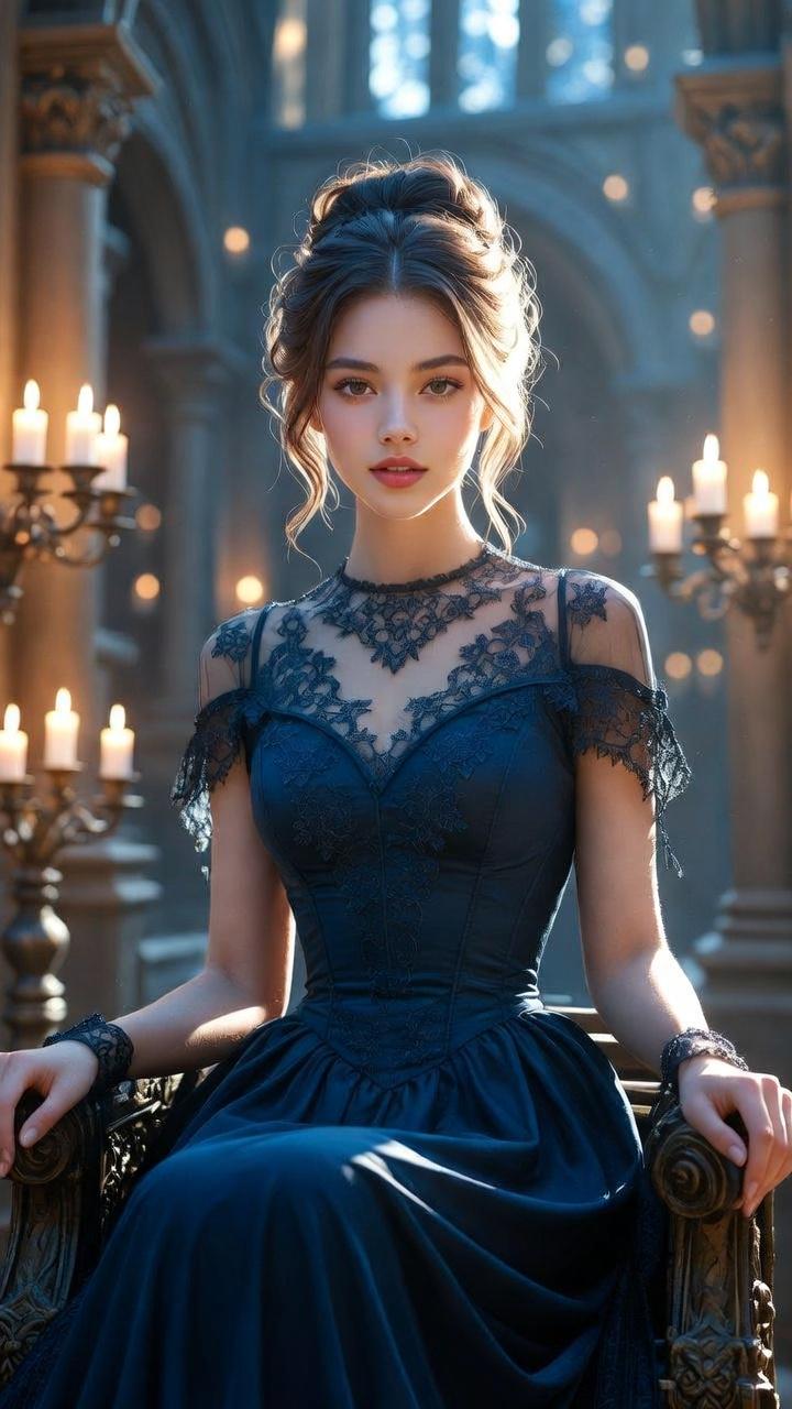 Gothic Hall Woman Navy Lace Gown Candelabra Lighting