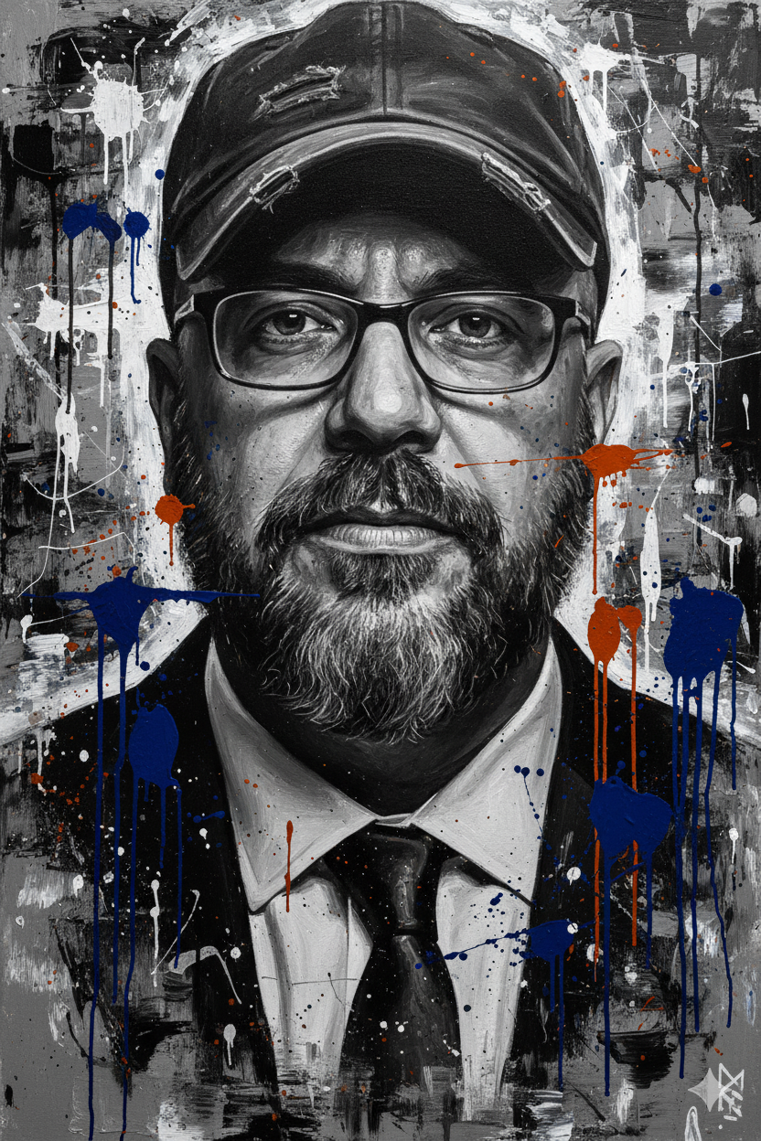 A hyper-detailed portrait painting of a bald man with a thick beard, wearing a baseball cap, featuring raw urban street art style and dark shadows.