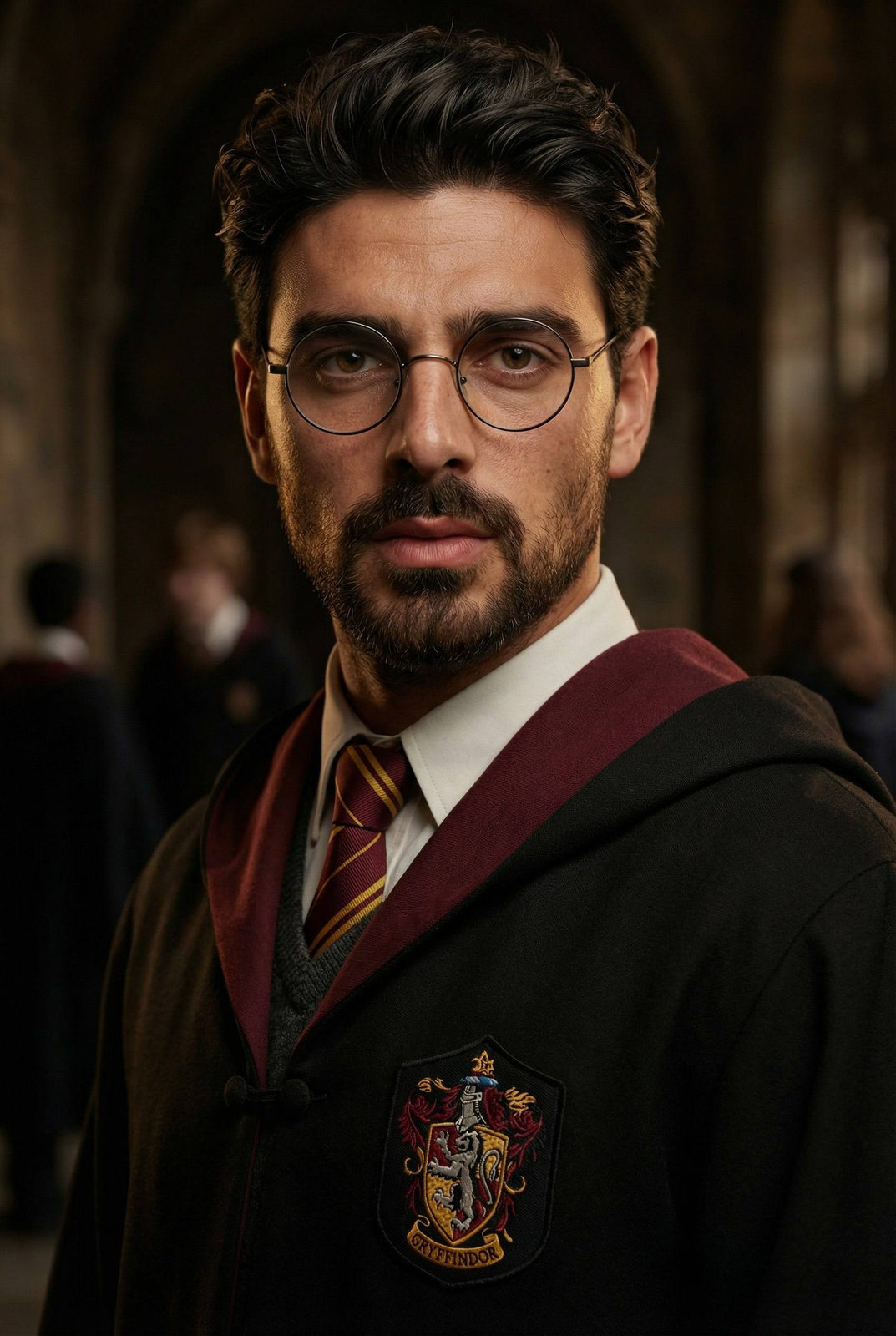 A young wizard in a black robe with a maroon and gold Gryffindor scarf holds a wand, determined, warm candlelight accentuating his features.