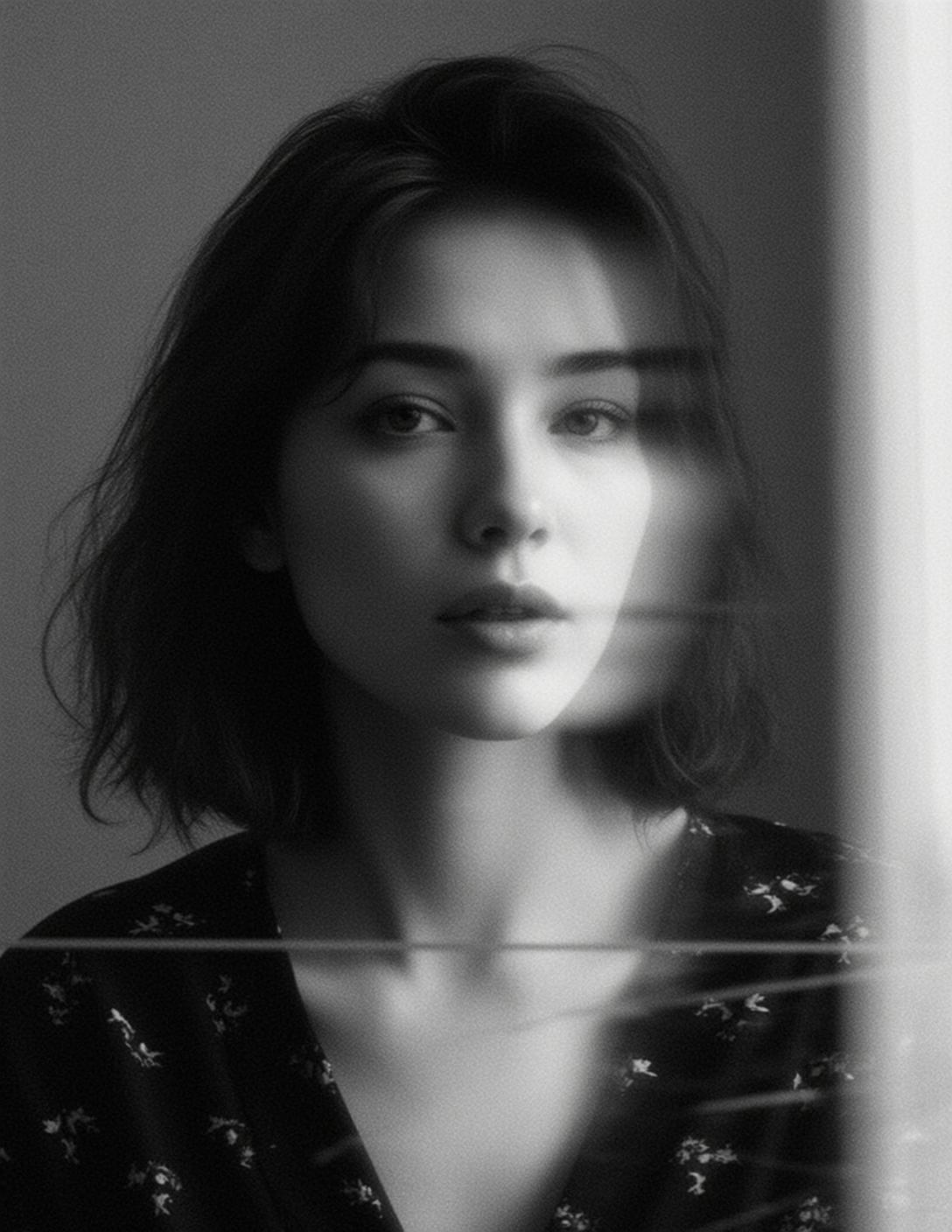 Black And White Medium Shot Portrait Young Woman With Neutral