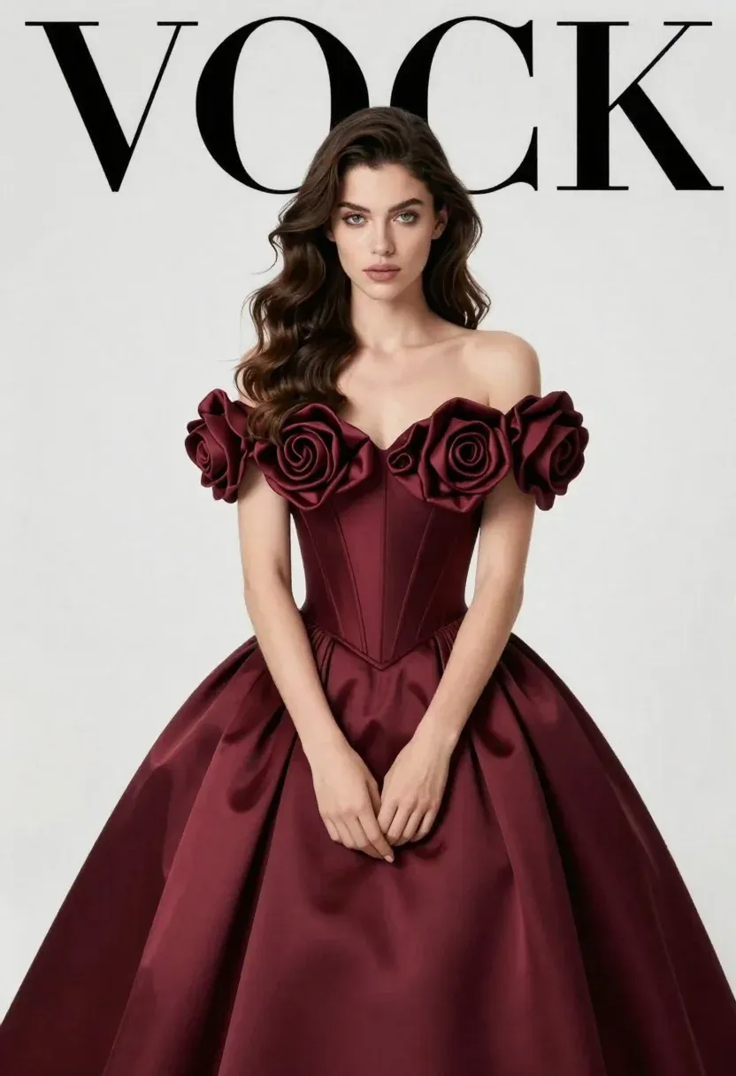 High-fashion Magazine Cover Featuring Young Woman Elegant Burgundy Gown With