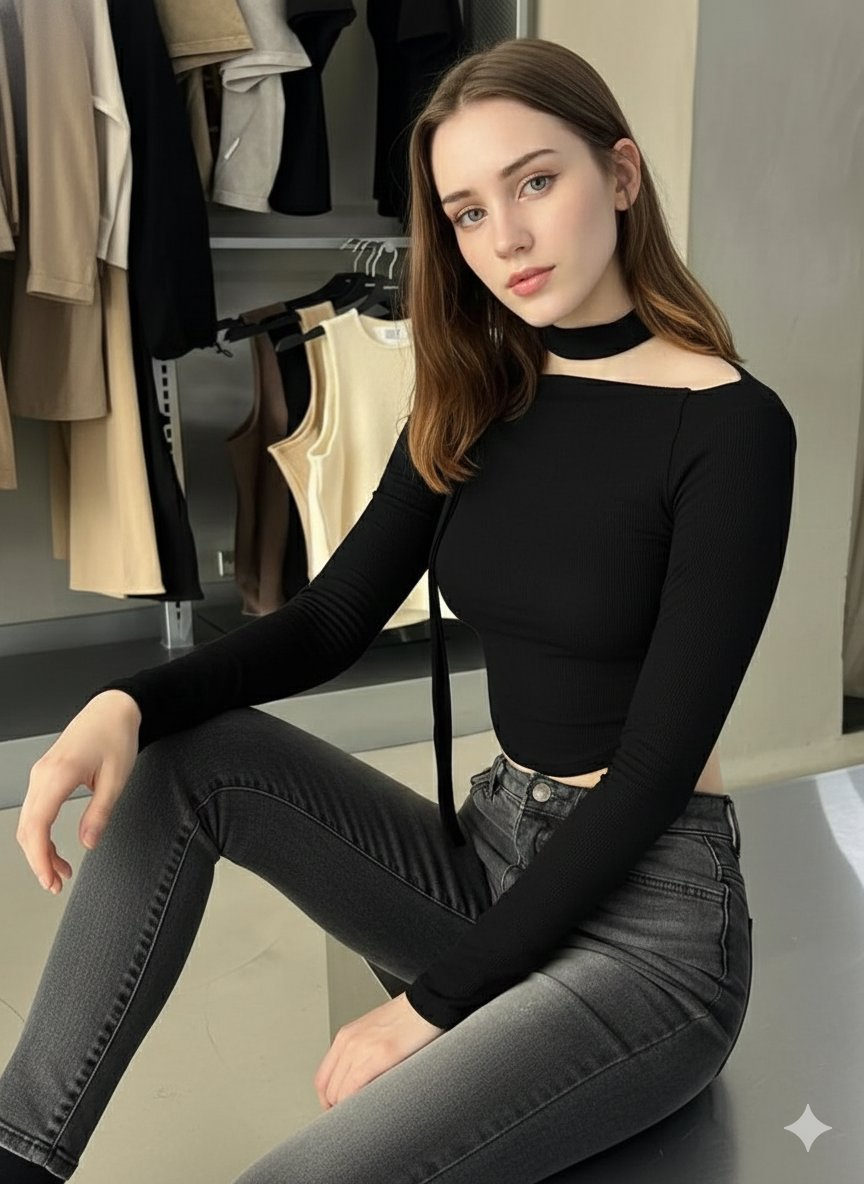 A model with fair skin and long light brown hair in a chic clothing store fitting room, wearing a chic off-shoulder crop top and faded gray jeans.