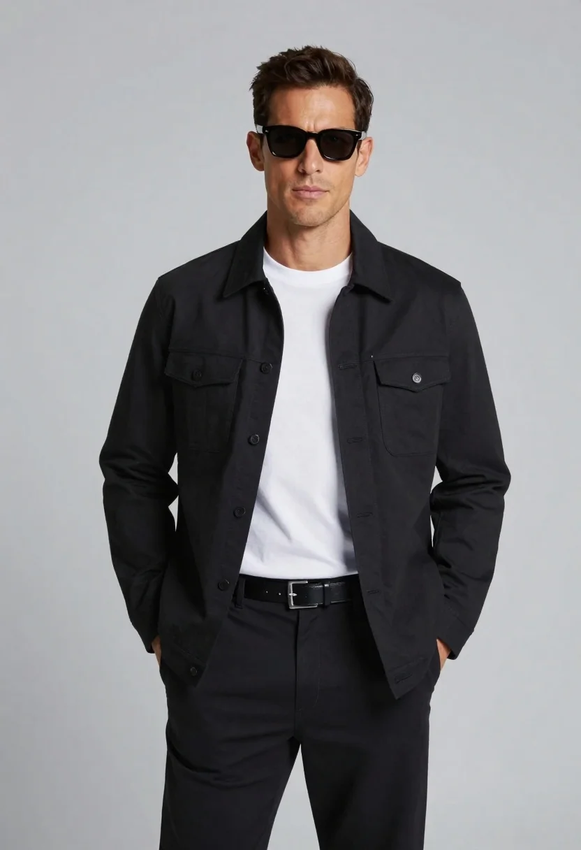 Confident Man With Dark Hair Stands Studio Setting Wearing Black