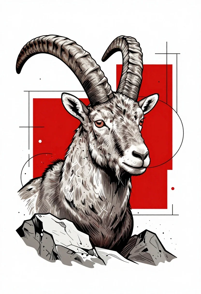 Digital Illustration Stylized Mountain Goat Emerging From Jagged Rocks Subject reference photo