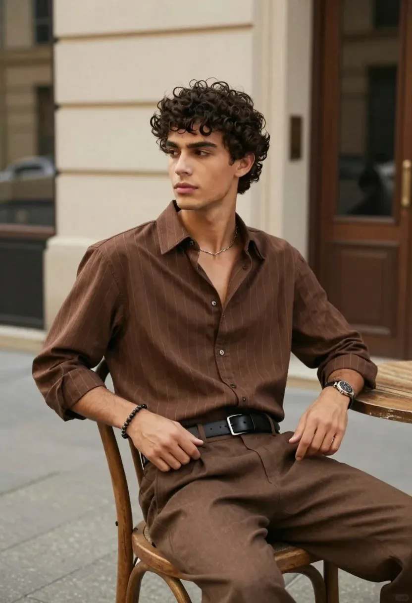 Young Man With Dark Curly Hair Sits Casually Wooden Chair