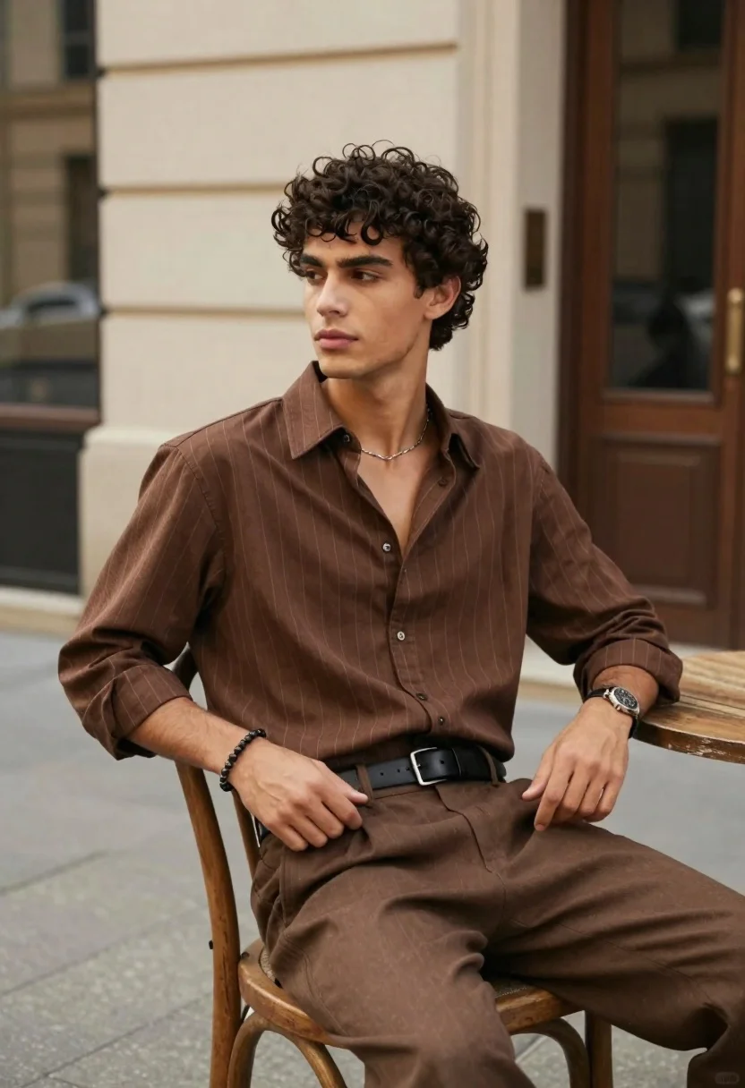 A young man with dark curly hair seated casually on a wooden chair, surrounded by blurred urban architecture.
