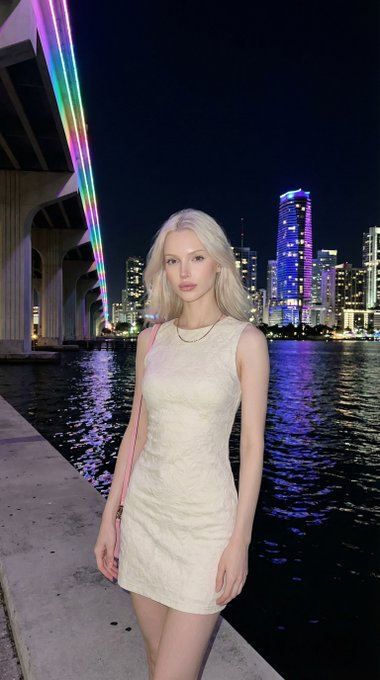 A woman stands elegantly at a concrete promenade edge with a tranquil dark water background, showcasing photorealism and natural skin texture.