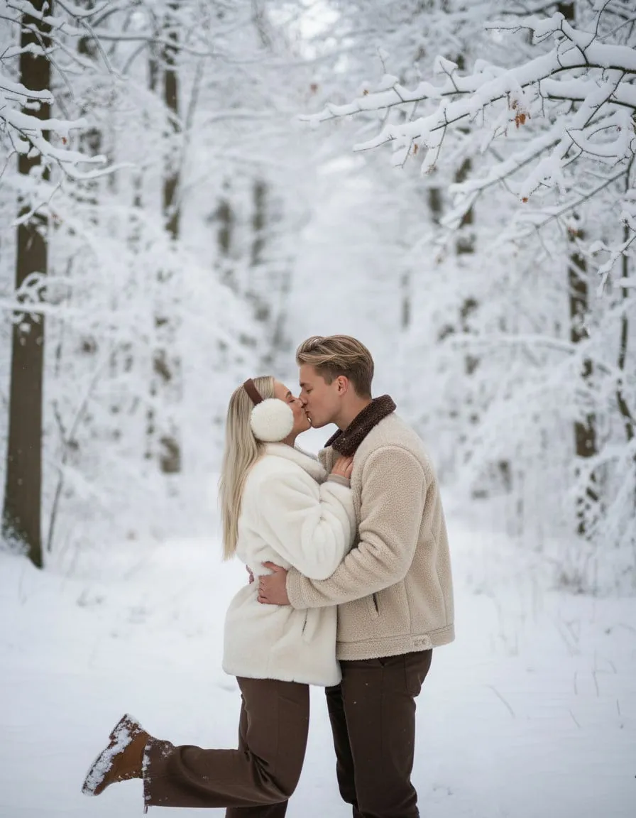 Snowy Forest Couple Kiss