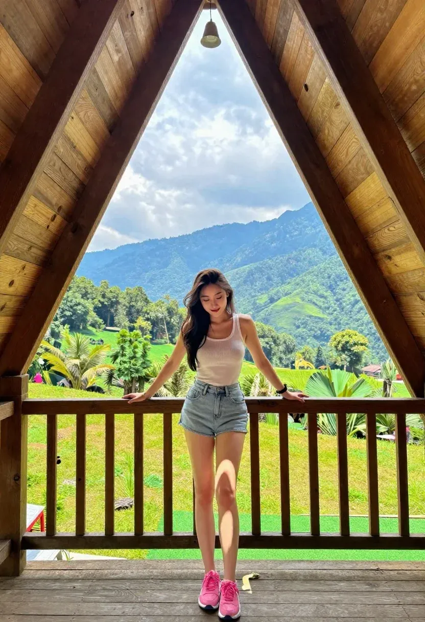 Young Woman Stands Wooden Balcony Framed A-frame Structure With Stunning