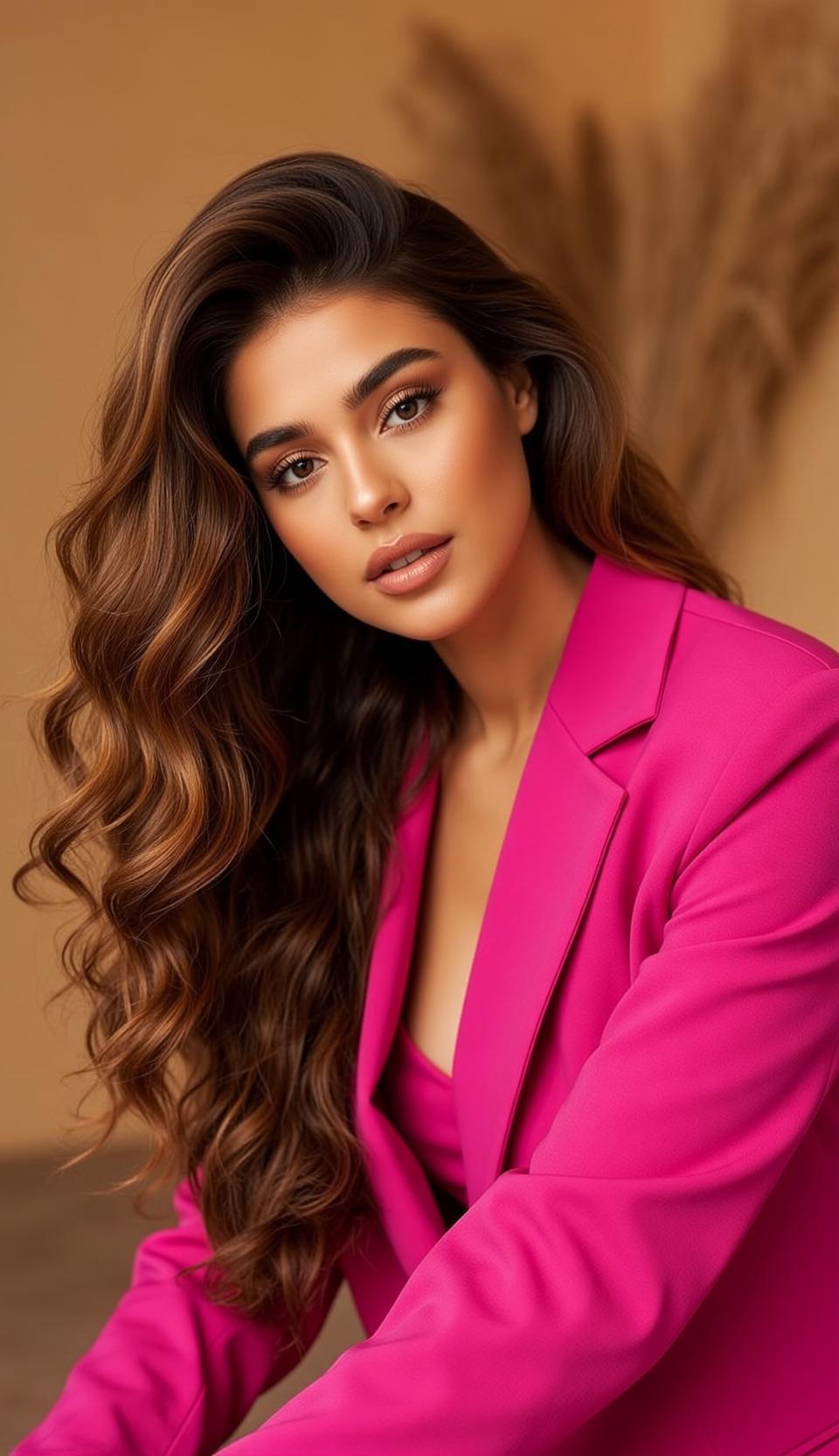 Luxury Young Long Wavy Brown Tan Pink