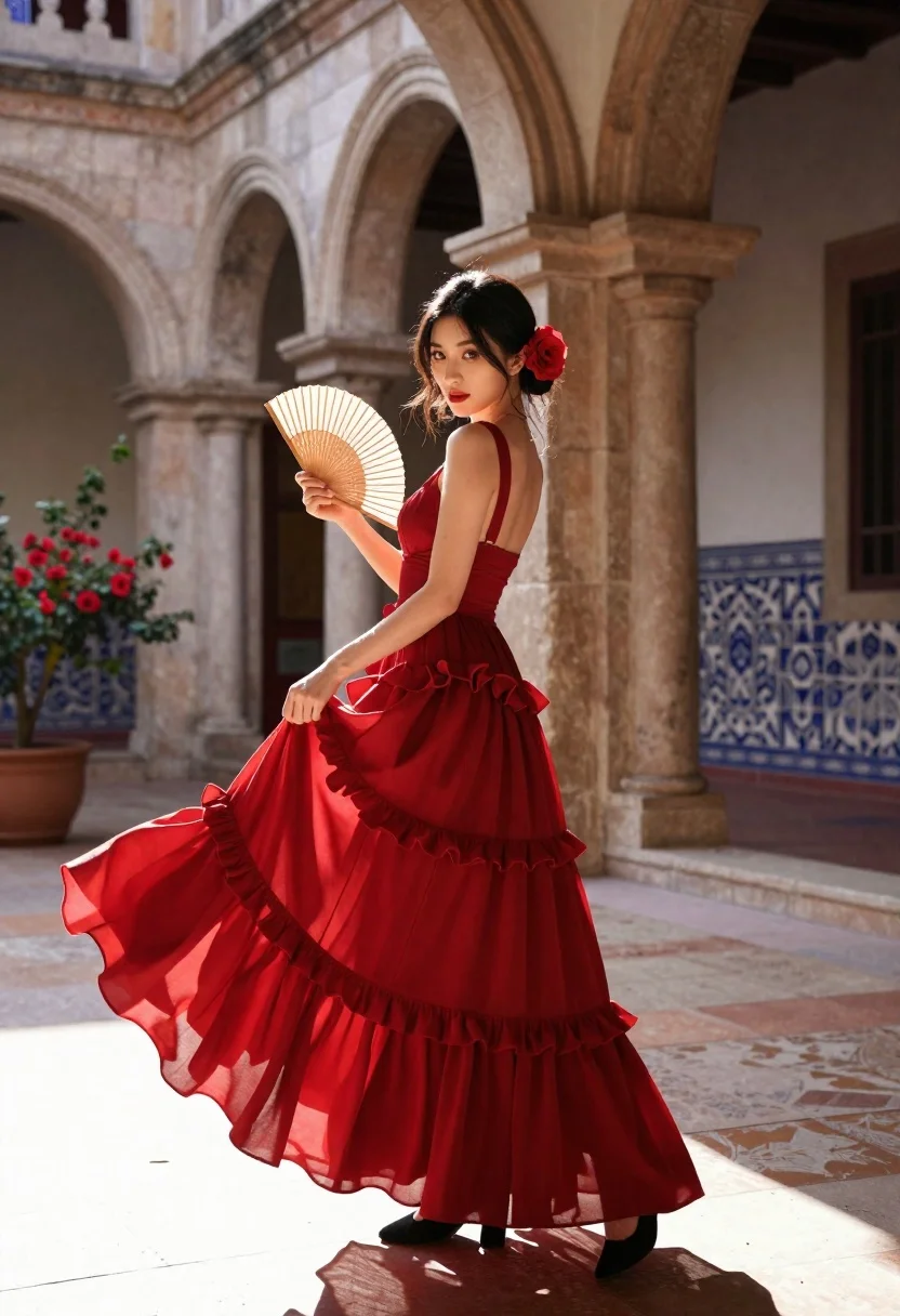 Woman Flowing Red Dress Stands Gracefully Arched Courtyard Holding Fan