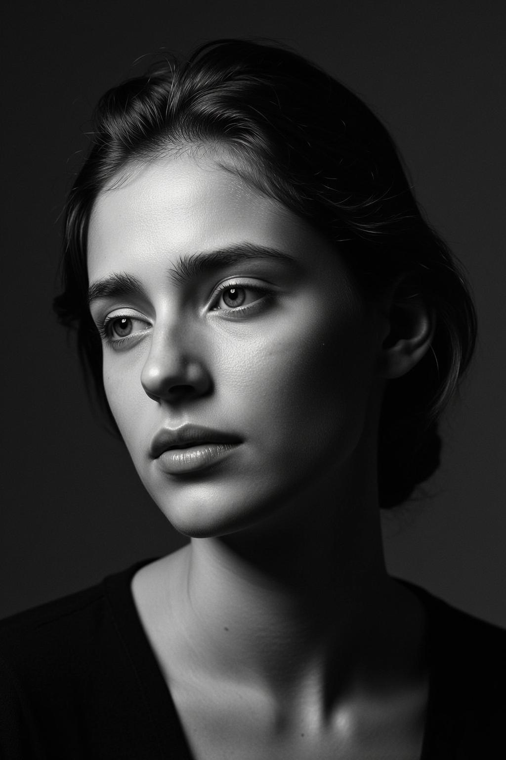 Photorealistic Black And White Medium Close-up Portrait Young Woman With