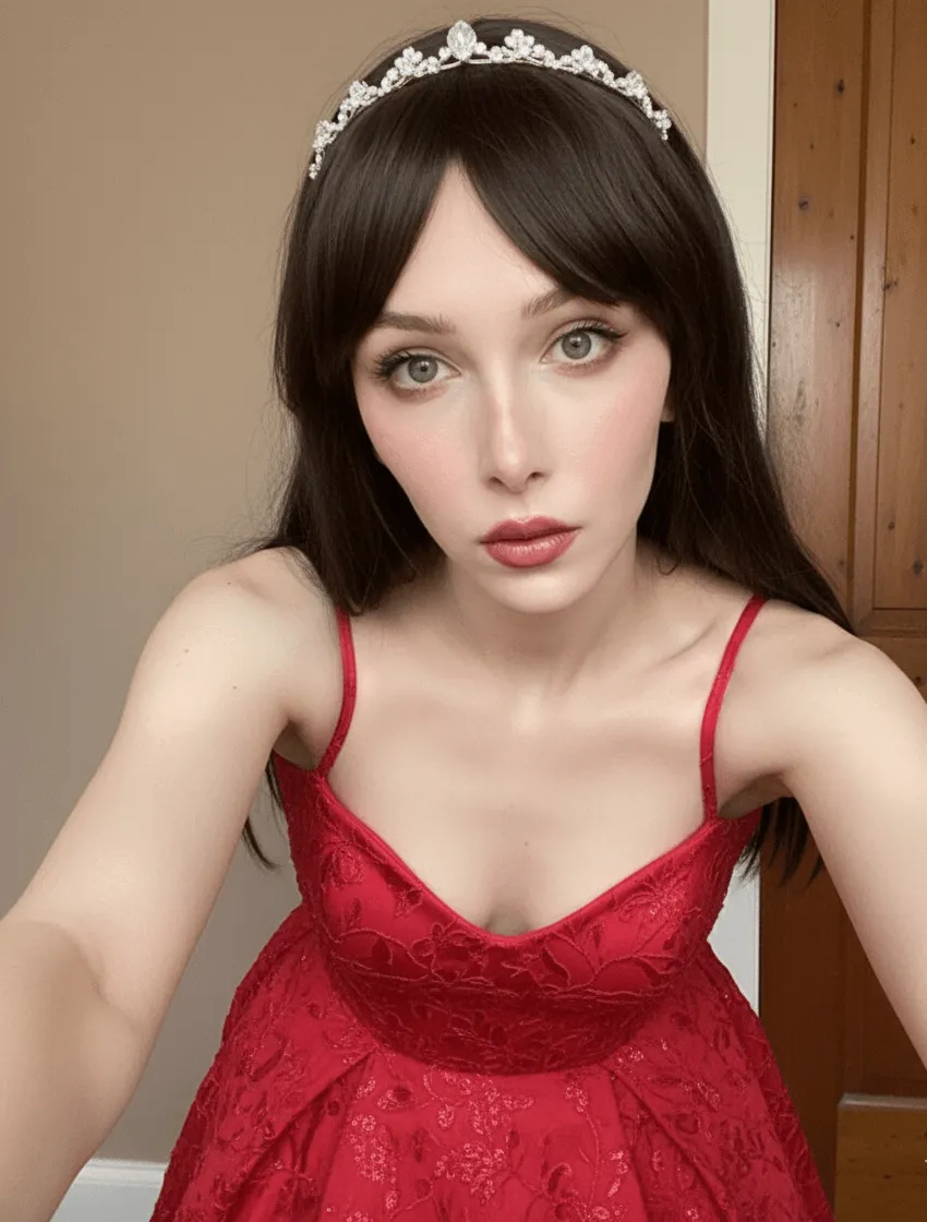 Red Lace Dress Silver Tiara Selfie