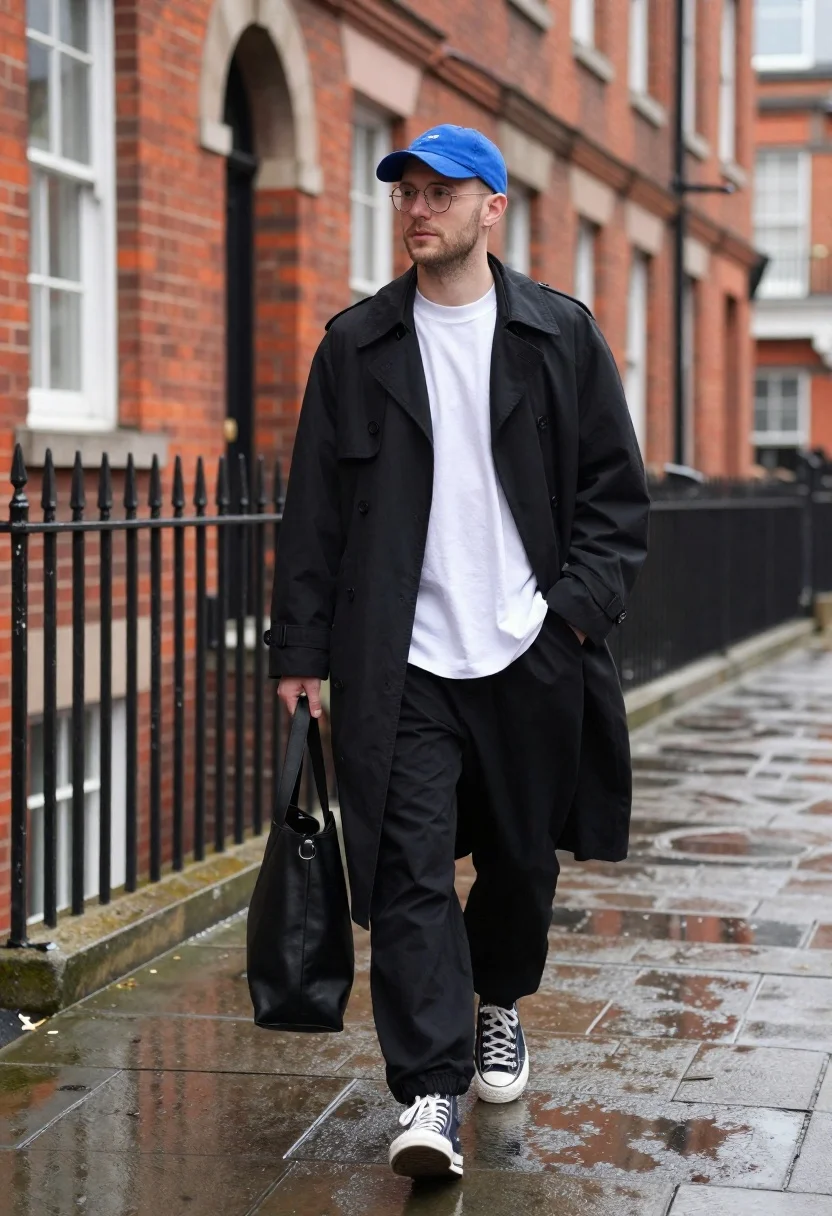 Stylish Young Man Walks Down Wet City Street While Carrying