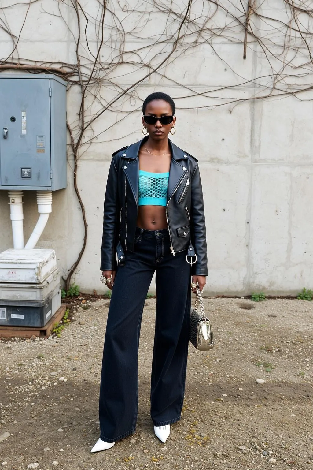 Sunglasses And Rings With Mesh Top And Leather Jacket