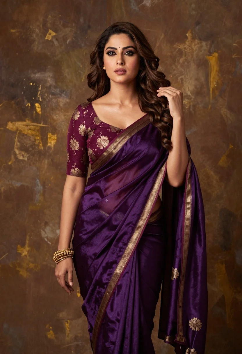 Confident Woman With Long Wavy Brown Hair Stands Three-quarter Pose reference photo