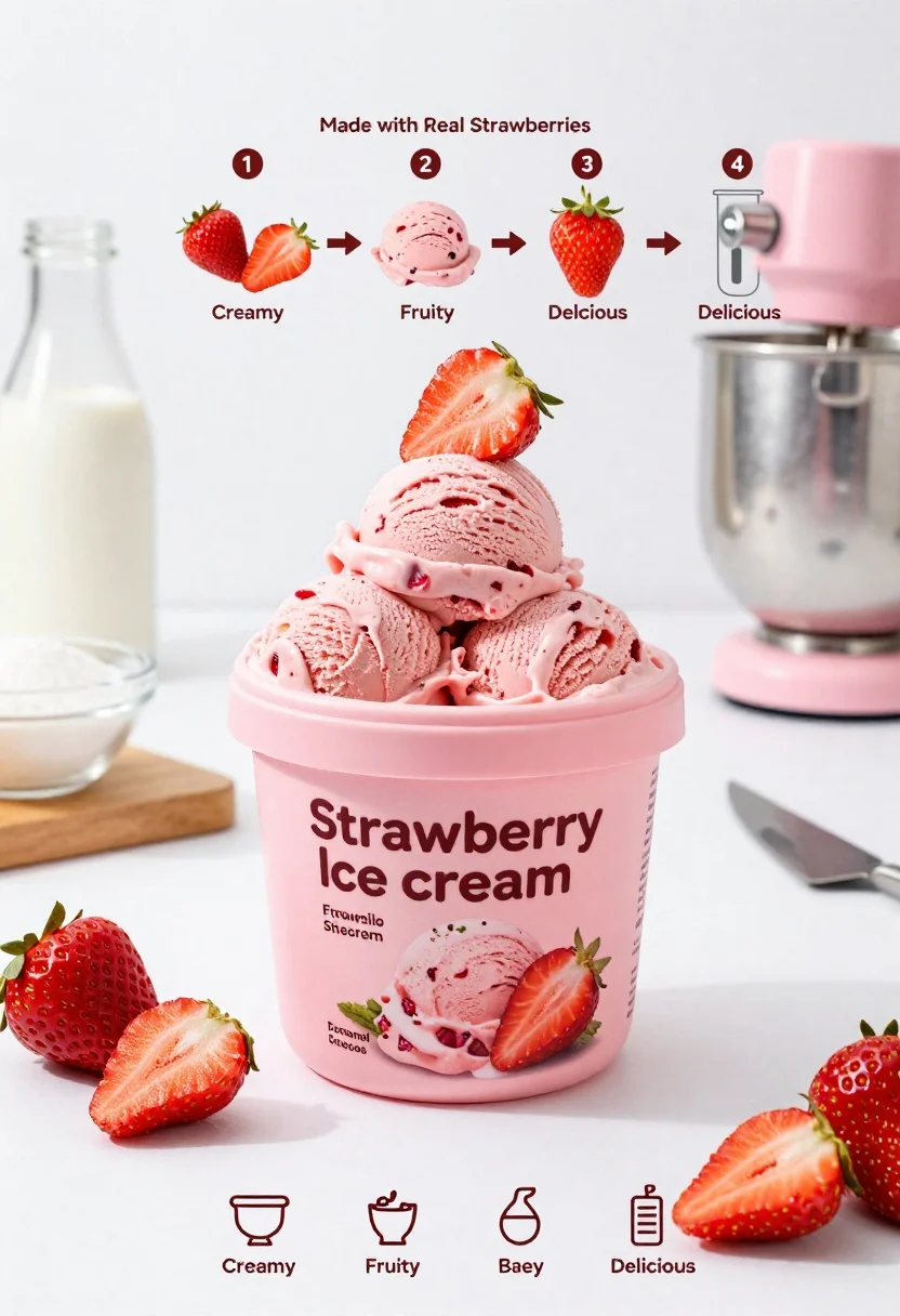 Vibrant Pink Ice Cream Tub Overflowing With Scoops Strawberry Ice