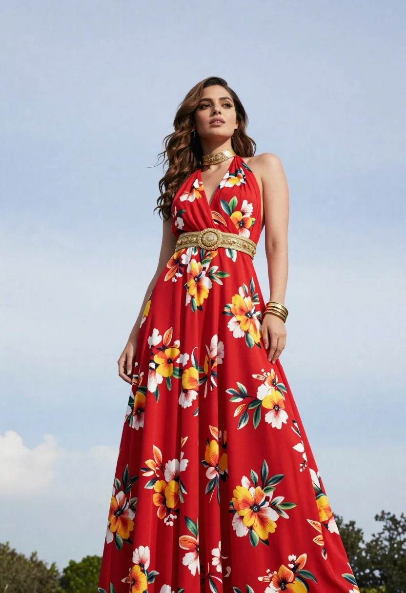 Woman Stands Confidently Flowing Red Floral Gown Against Pale Blue reference photo