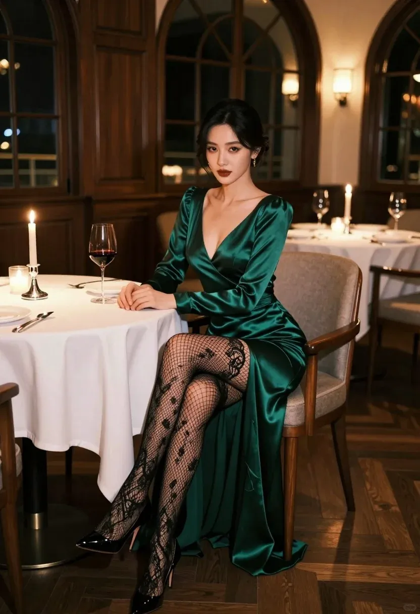 Glamorous Woman Sits Elegantly Formal Dining Table Sophisticated Restaurant Setting