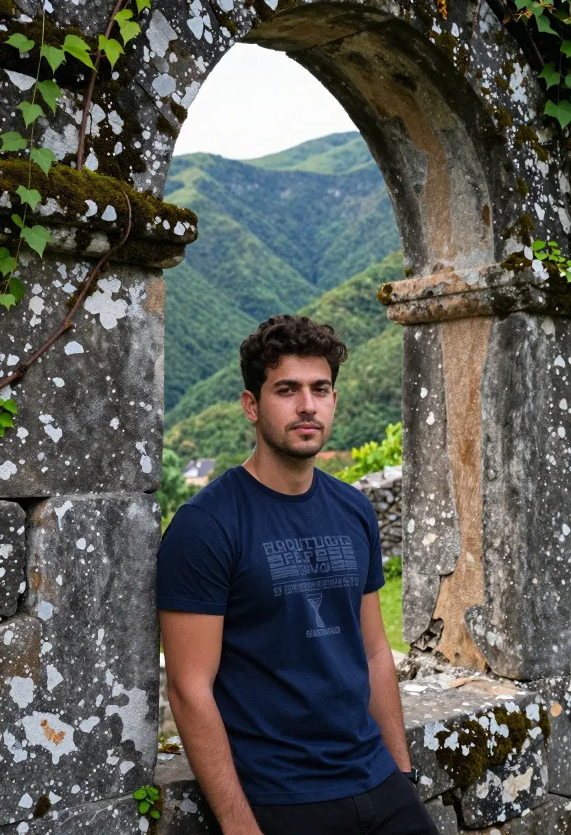Photorealistic Outdoor Portrait Young Man Leaning Casually Against Ancient Stone