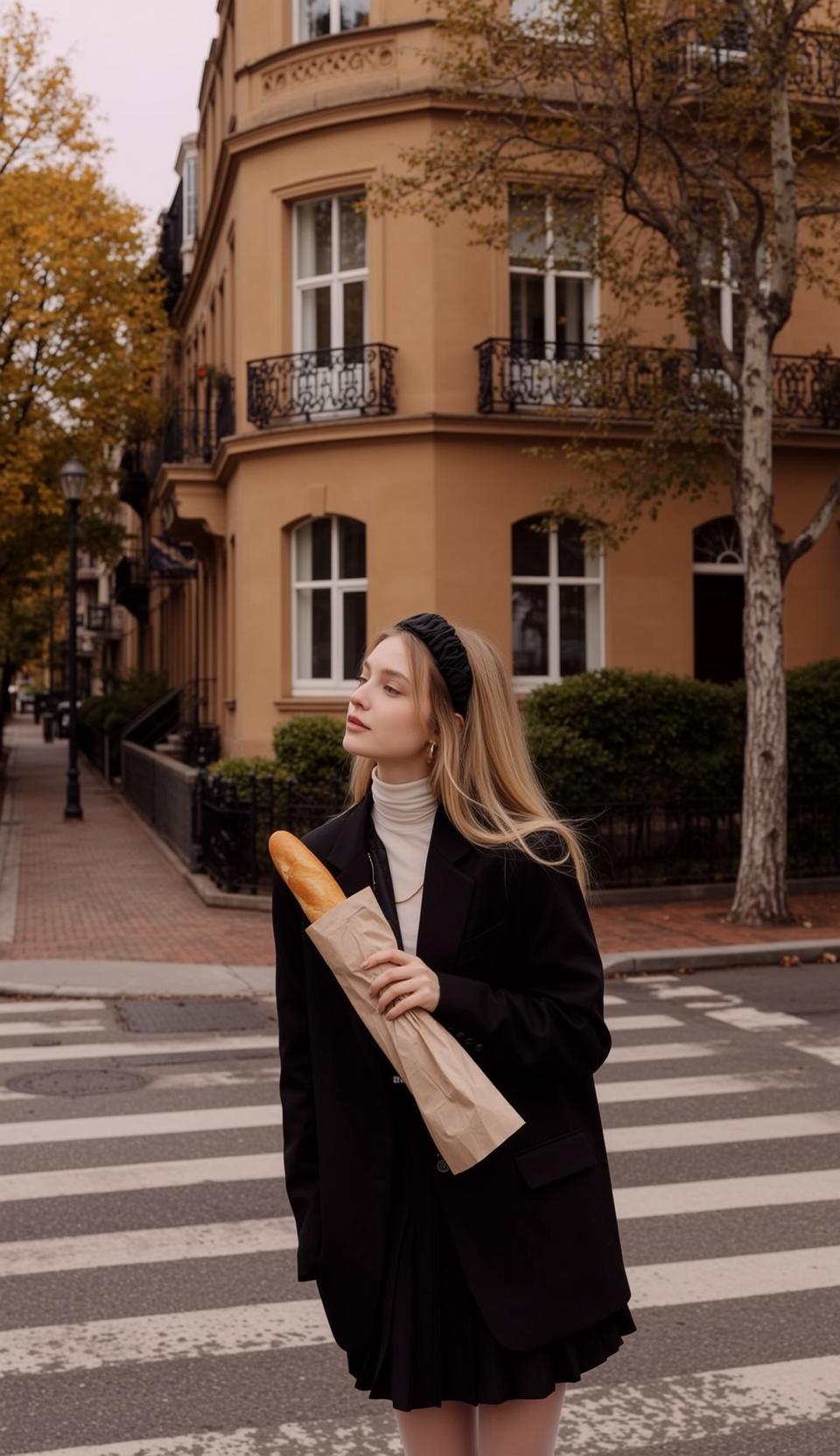 Blonde Woman White Turtleneck Black Skirt City Street Candid Fashion