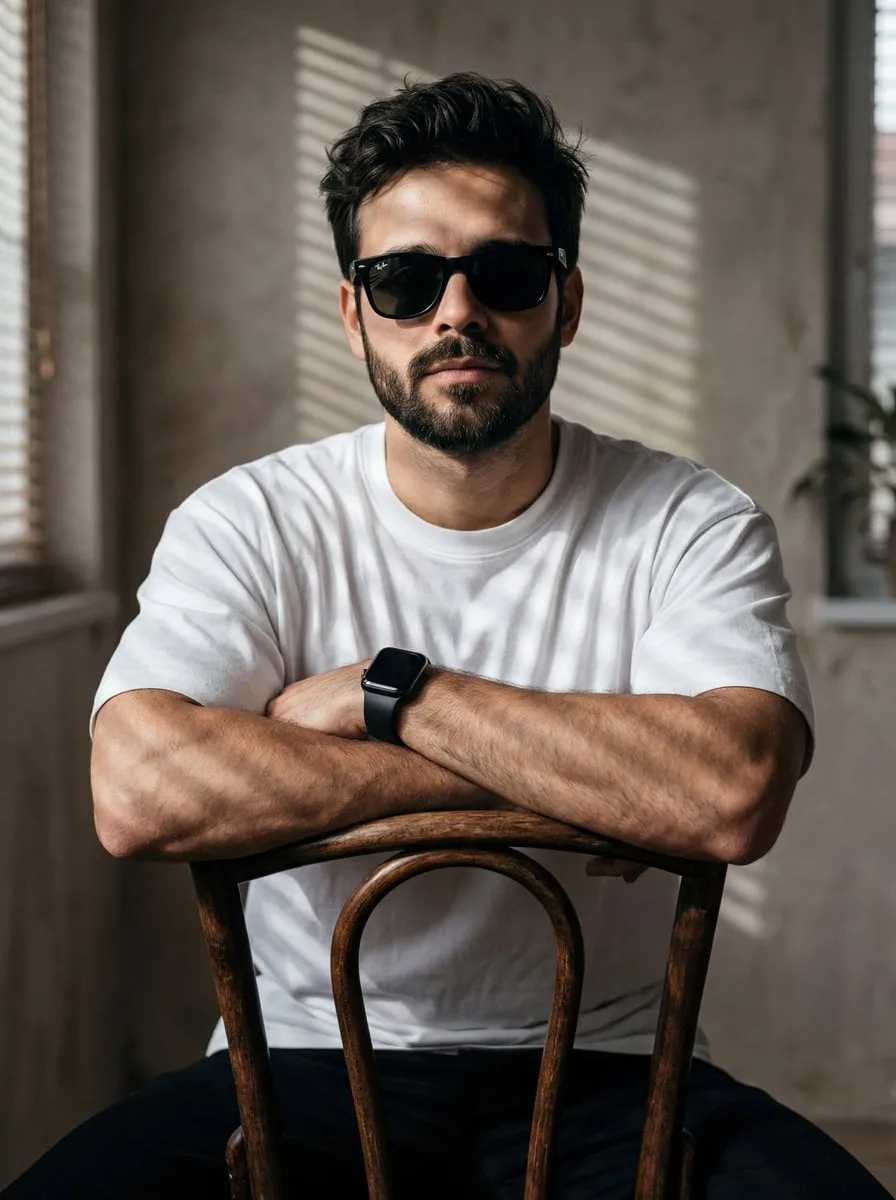 Sunglasses Seated Backward On Chair With Dramatic Shadows