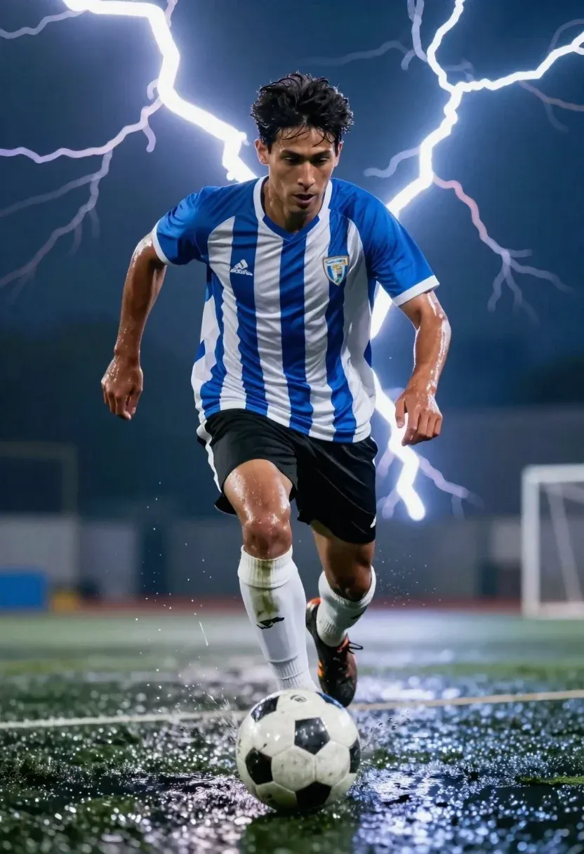 Dynamic Soccer Player Mid-stride Dribbling Ball Wet Field With Dramatic