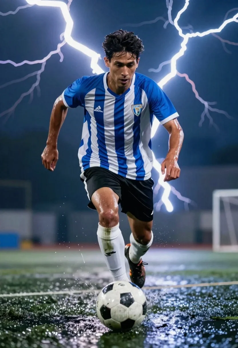 Dynamic Soccer Player Mid-stride Dribbling Ball Wet Field With Dramatic