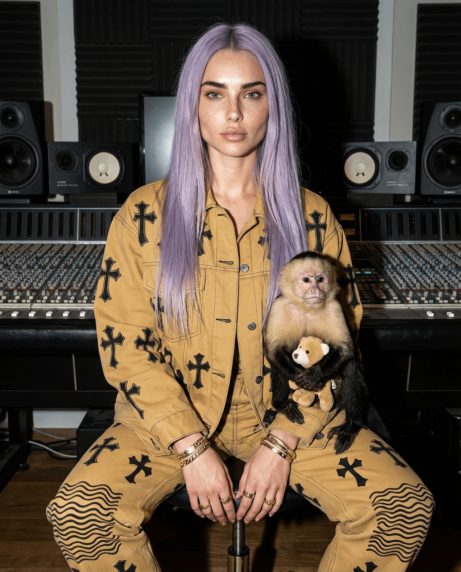 A person in a denim jacket holds a capuchin monkey and teddy bear in front of a recording studio with large speakers.