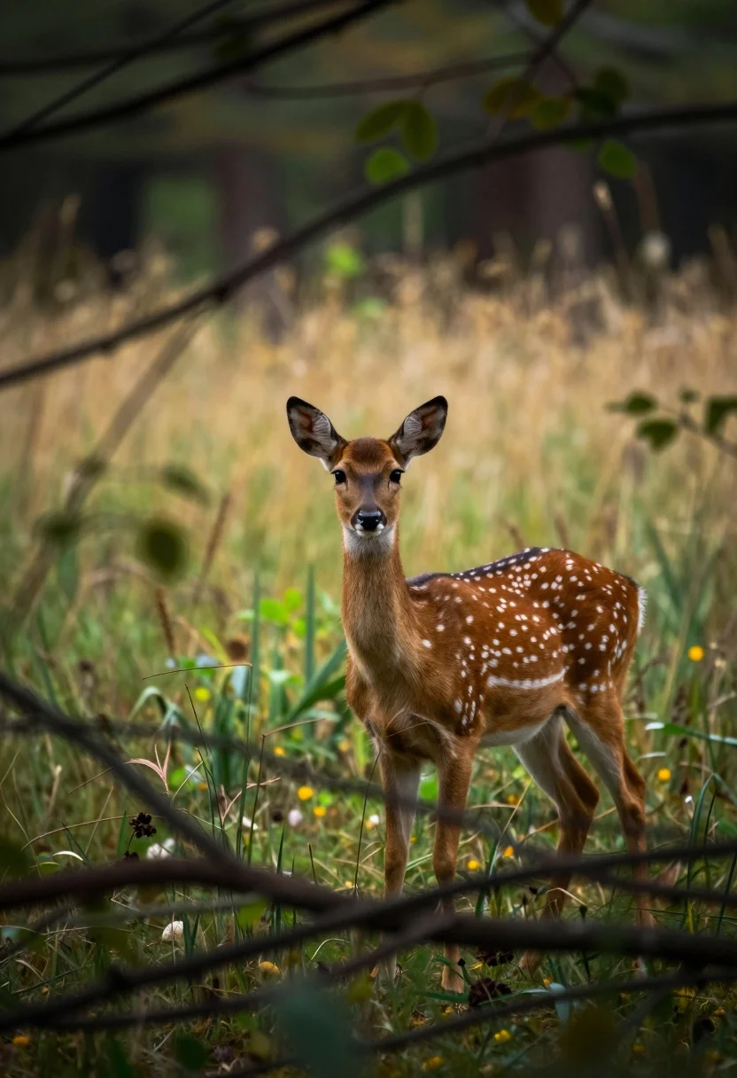 Young Spotted Deer Stands Alert Forest Clearing Gazing Directly The