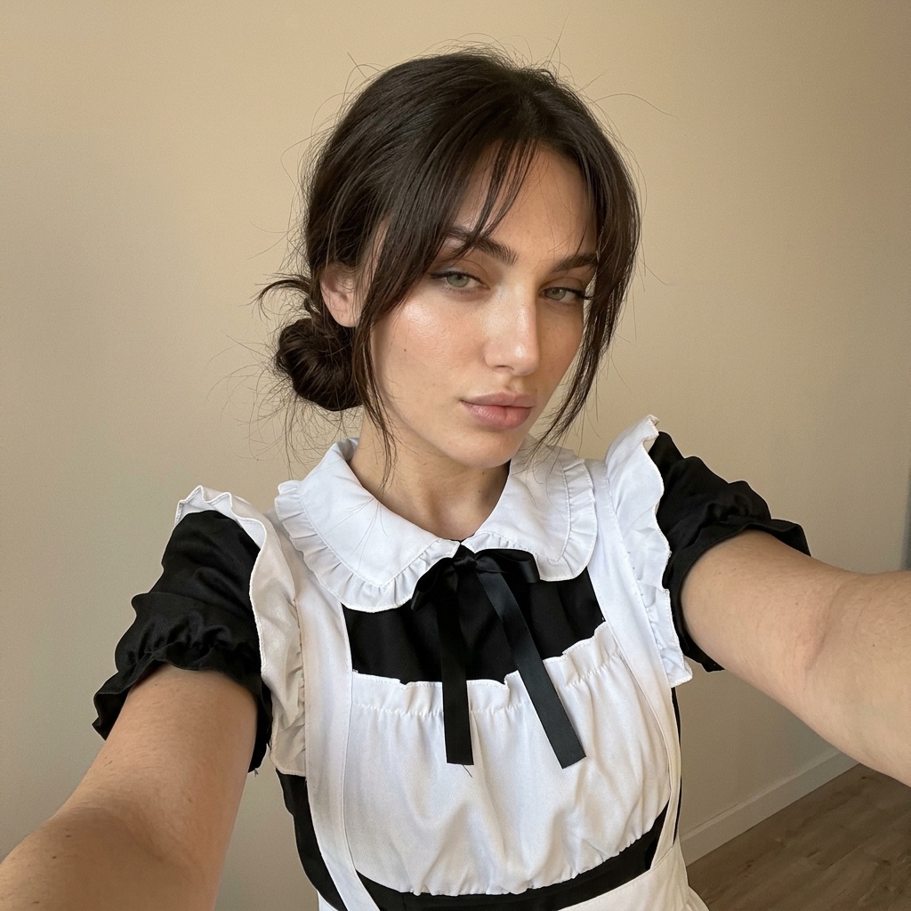 An intimate close-up of a woman in a cute maid costume, softly gazing downwards with warm lighting.