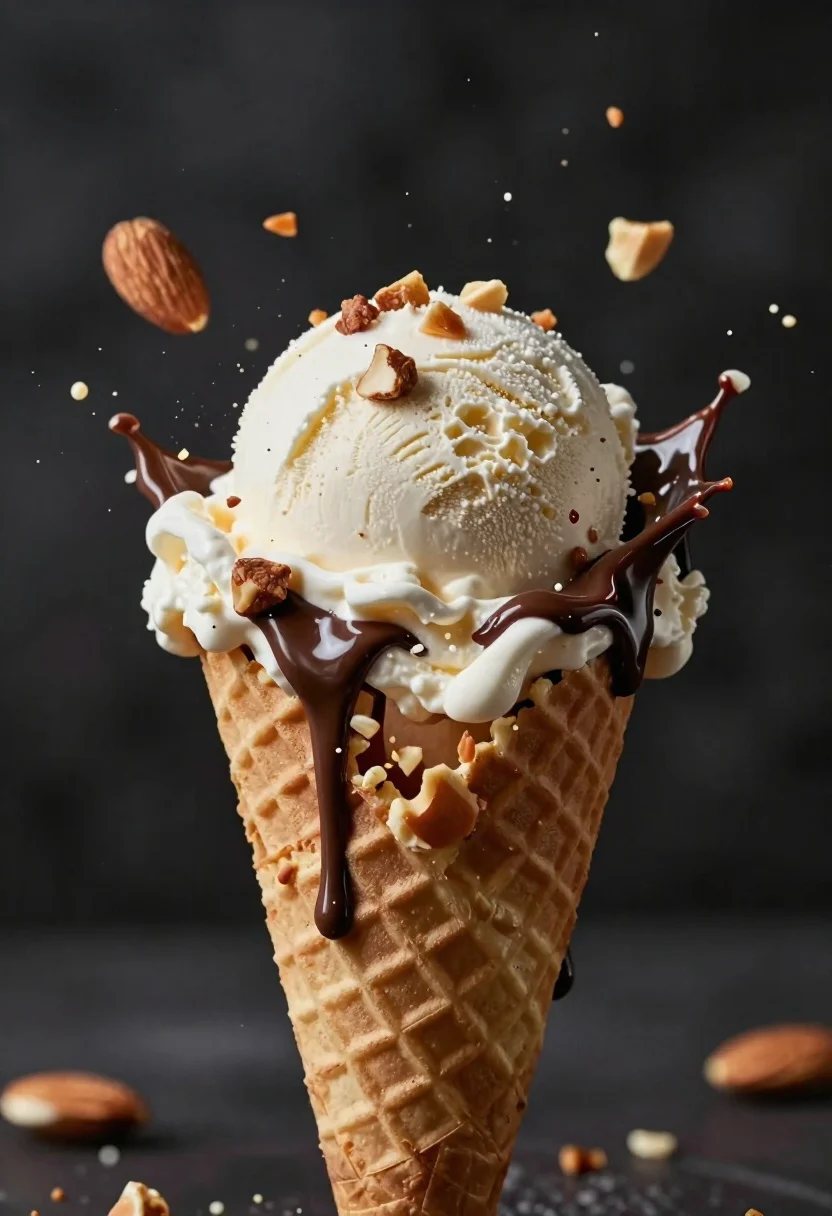 Frozen Moment Waffle Cone Ice Cream Exploding Outward With Flying
