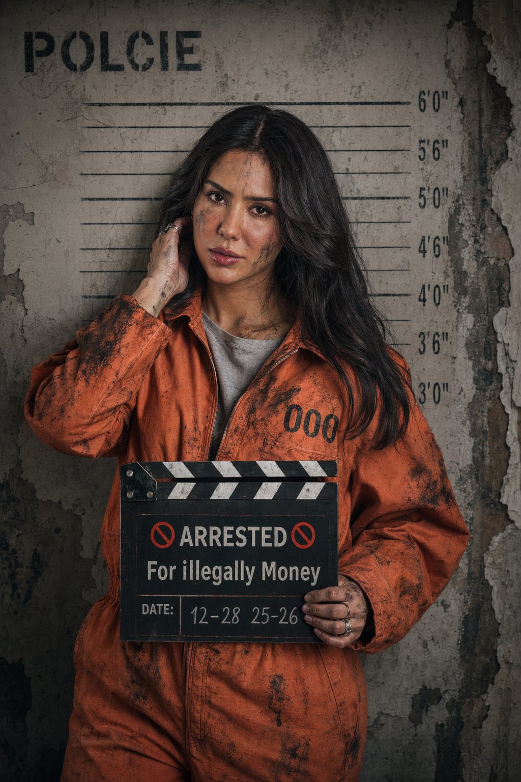 A woman wearing an orange prisoner jumpsuit with dirt smudges, captured in soft, cinematic lighting, showcasing realistic textures.
