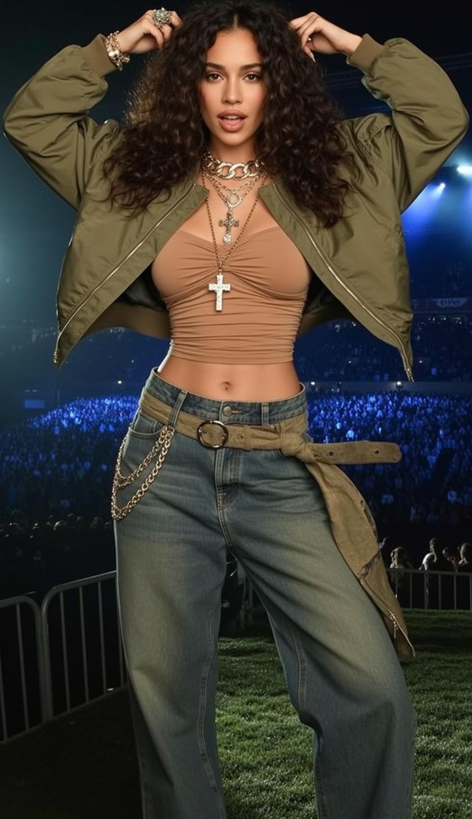 Baddie Stands Facing Her Arms Raised Hands