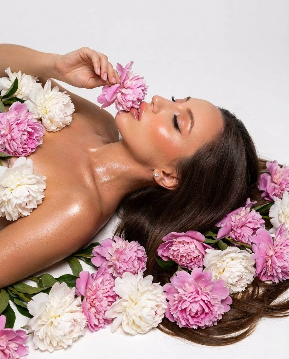 A girl lying in a minimalist studio, covered with pink peonies, her hair scattered around, accentuating her beauty.