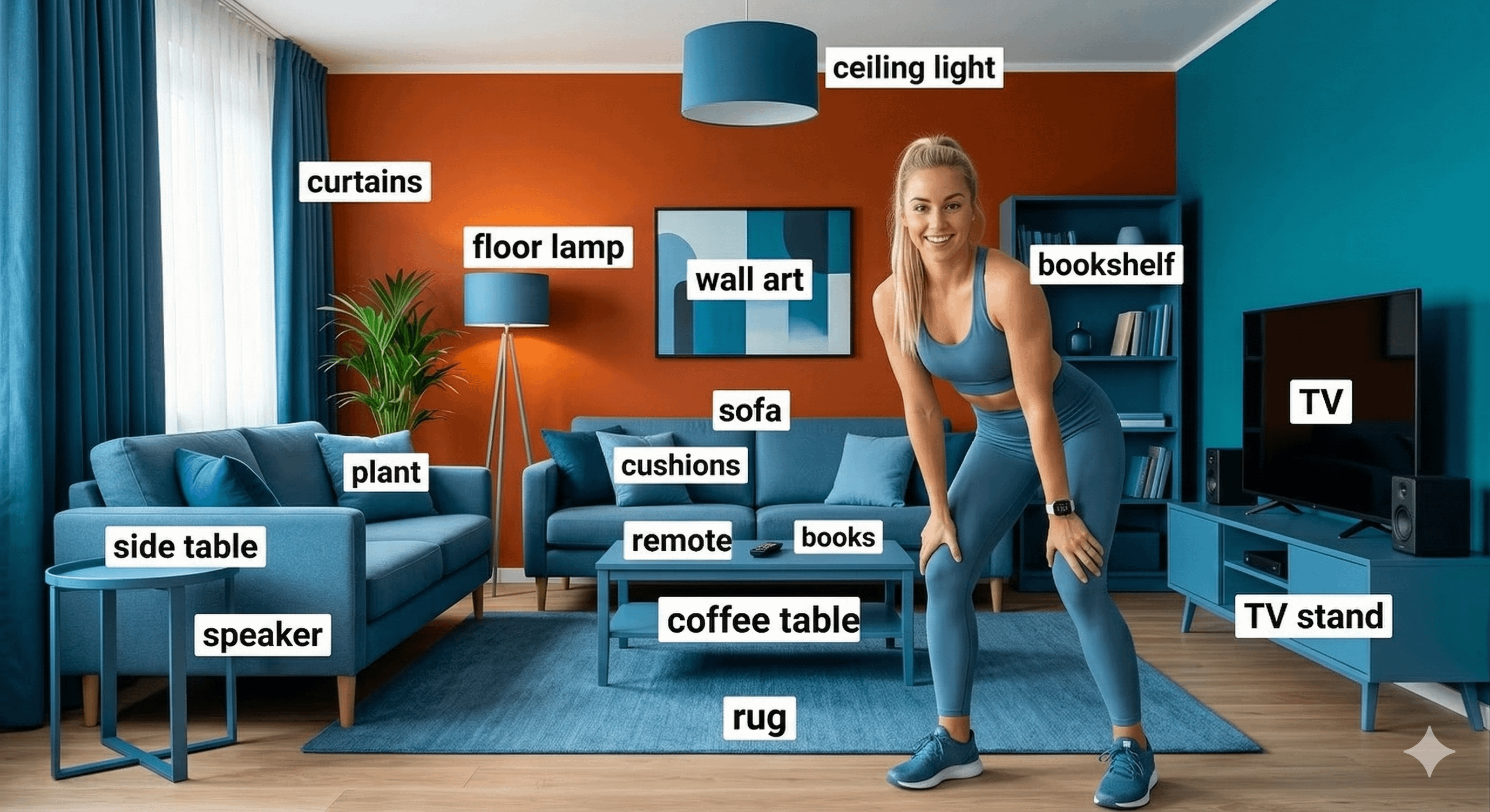 Blue Workout Attire Modern Hotel Living Room