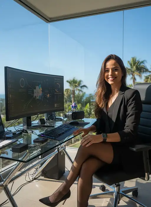 Photorealistic portrait of a cheerful girl in a black suit at her desk, surrounded by tech gadgets and natural light.