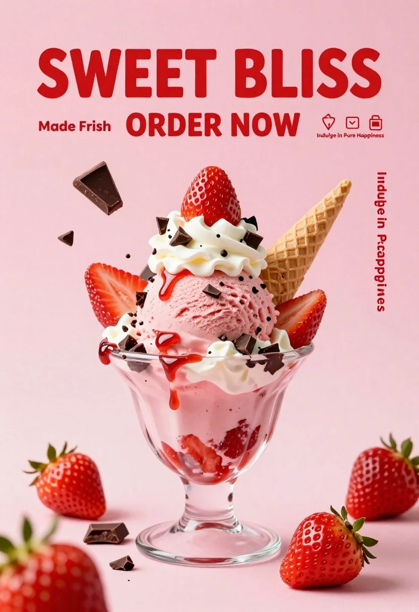 A towering strawberry ice cream sundae in a glass bowl topped with whipped cream, chocolate shavings, and whole strawberries against a soft pink background.