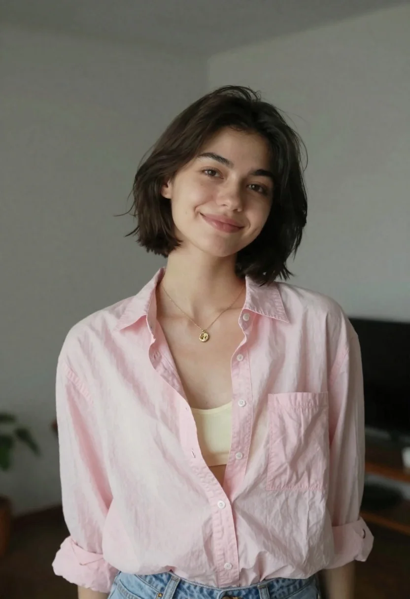 Young Woman With Dark Bob Haircut Stands Casual Indoor Setting reference photo